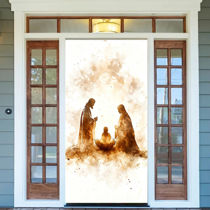 Christianartworkshop Rideau de porte avec silhouette de la Nativité à l'aquarelle : Noël, foi et sérénité - image 1