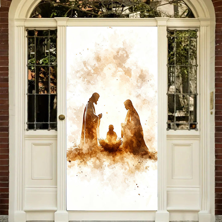 Christianartworkshop Rideau de porte avec silhouette de la Nativité à l'aquarelle : Noël, foi et sérénité - 36''*80''/91cm*203cm - image 0