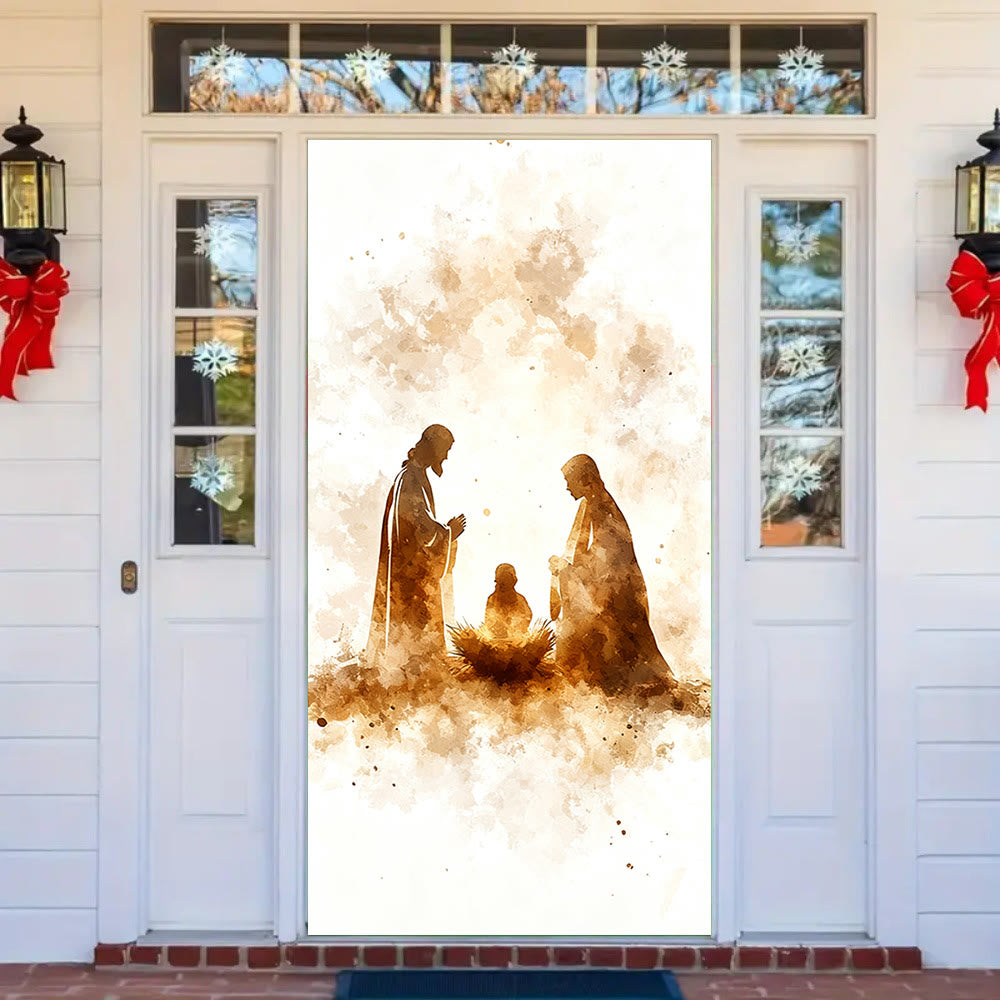 Christianartworkshop Rideau de porte avec silhouette de la Nativité à l'aquarelle : Noël, foi et sérénité - image 2
