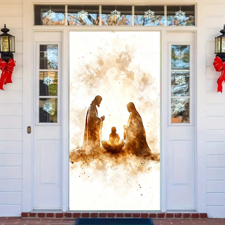 Christianartworkshop Rideau de porte avec silhouette de la Nativité à l'aquarelle : Noël, foi et sérénité - image 2