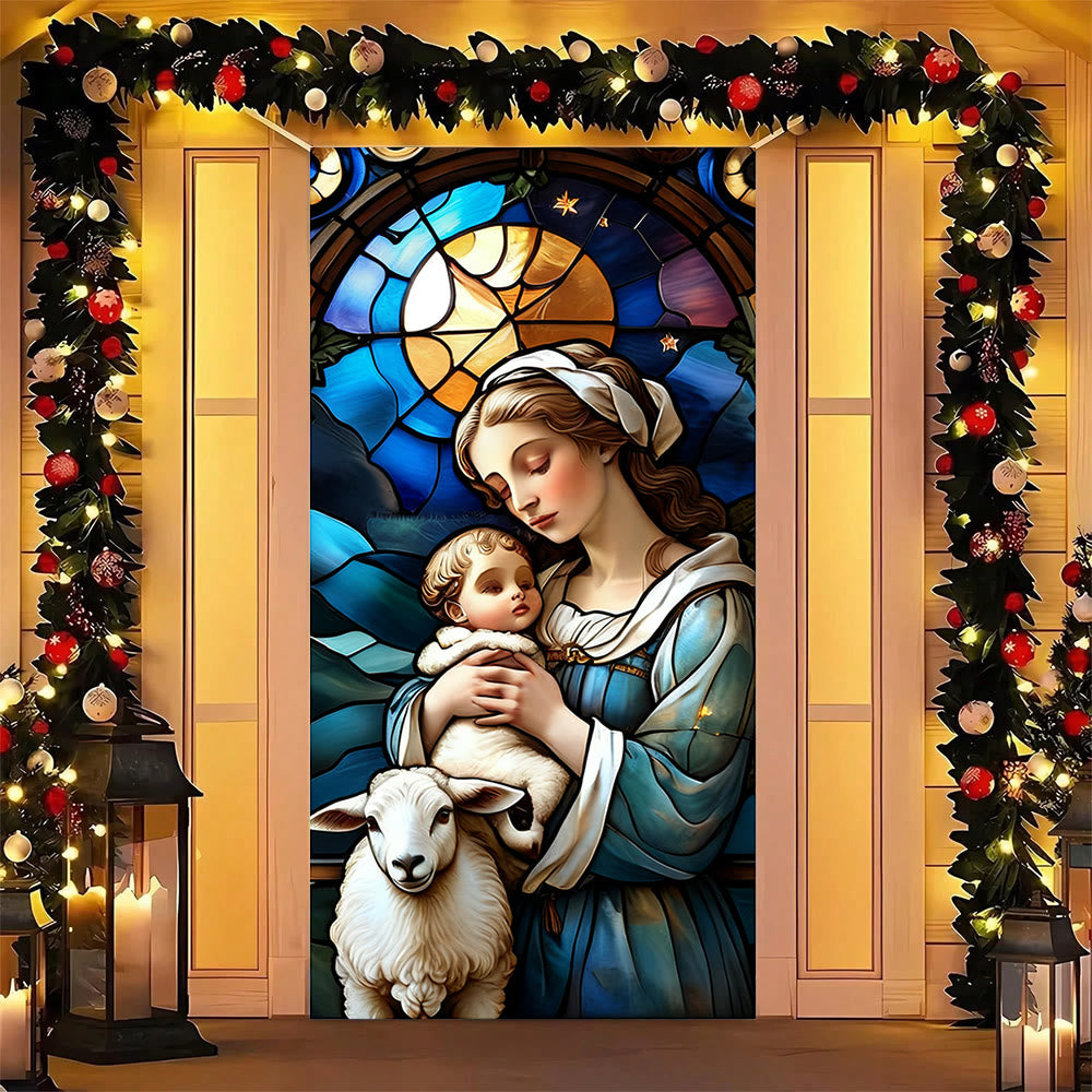 Christianartworkshop Rideau de porte teinté représentant la Vierge et l'agneau : réconfort spirituel et décoration intérieure - 36''*80''/91cm*203cm - image 0