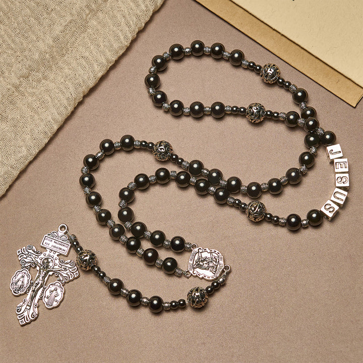 Christianartworkshop Chapelet personnalisé en agate noire avec écusson de saint Michel et inscription personnalisée « Jésus » - image 2