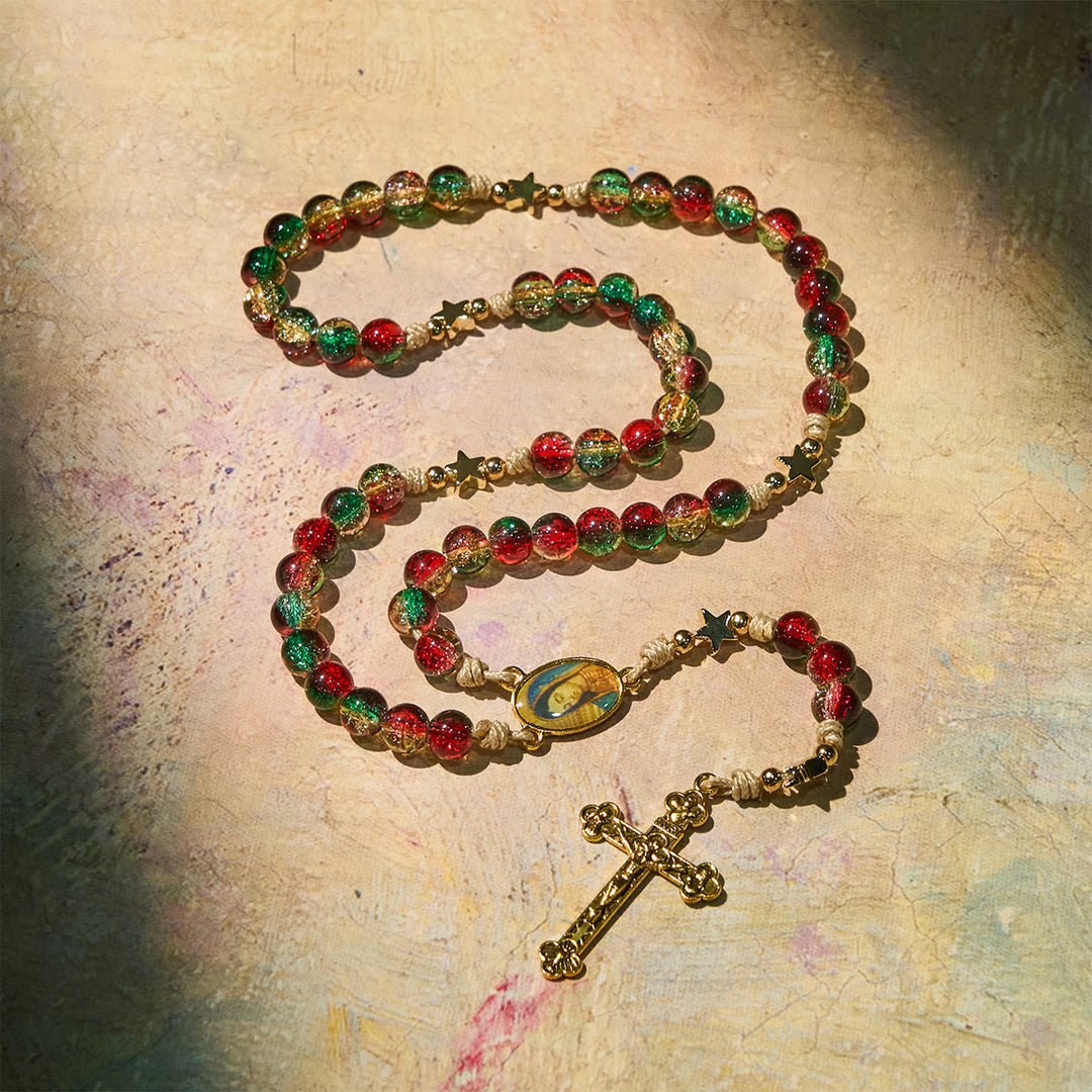 Christianartworkshop Cadeau de Noël : Chapelet de Noël en perles de verre : Médaille Notre-Dame de Guadalupe et crucifix doré - image 6