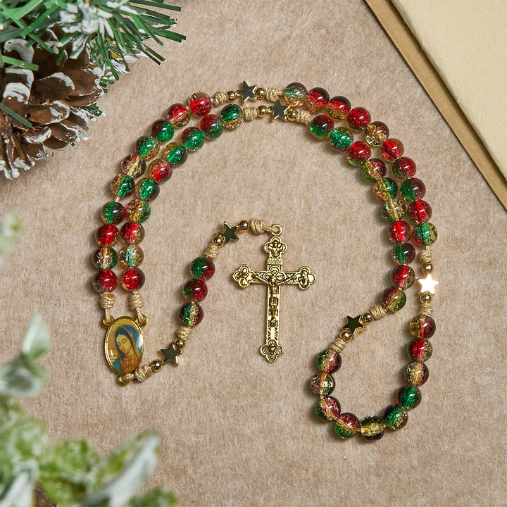 Christianartworkshop Cadeau de Noël : Chapelet de Noël en perles de verre : Médaille Notre-Dame de Guadalupe et crucifix doré - image 8