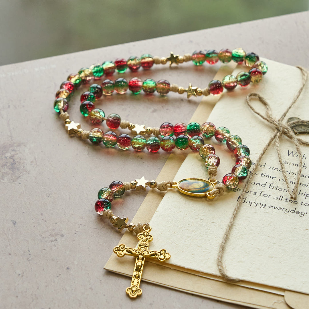 Christianartworkshop Cadeau de Noël : Chapelet de Noël en perles de verre : Médaille Notre-Dame de Guadalupe et crucifix doré - image 9