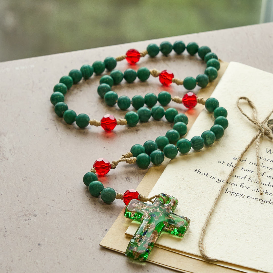 Christianartworkshop Chapelet en pierre à motifs verts pour la prière dévote : Croix en verre vert et doré - image 1