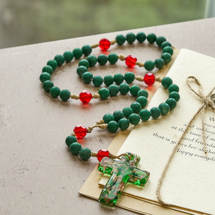 Christianartworkshop Chapelet en pierre à motifs verts pour la prière dévote : Croix en verre vert et doré - image 1