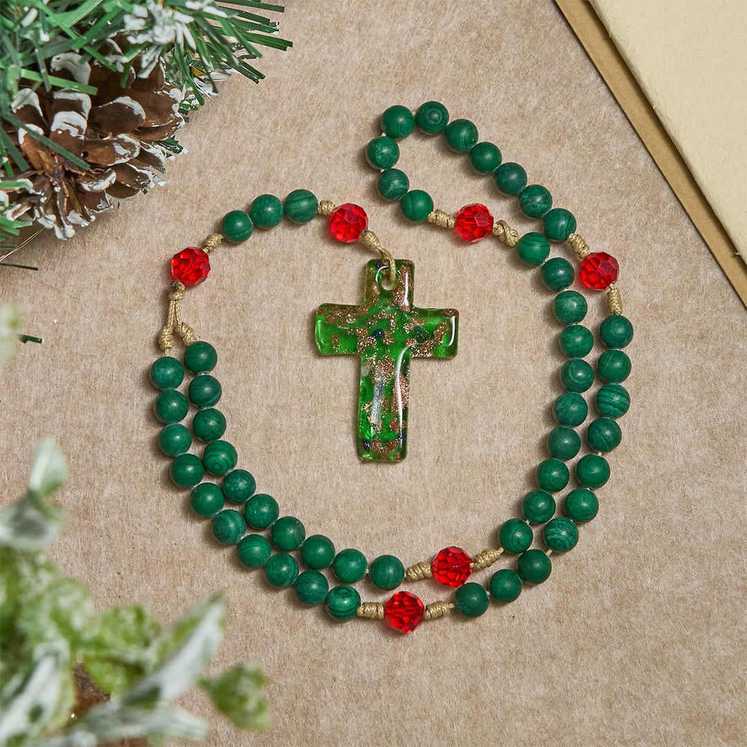 Christianartworkshop Chapelet en pierre à motifs verts pour la prière dévote : Croix en verre vert et doré - image 7
