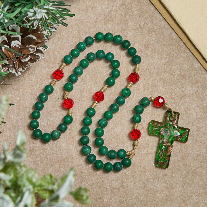Christianartworkshop Chapelet en pierre à motifs verts pour la prière dévote : Croix en verre vert et doré - image 4
