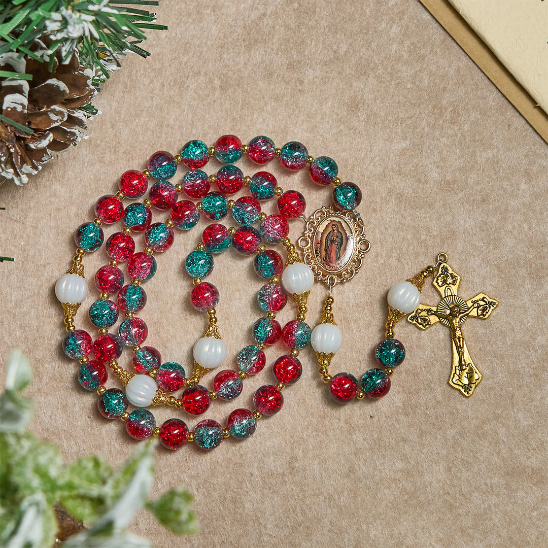 Christianartworkshop Cadeau de Noël : Chapelet de Noël en perles de verre rouges et bleues : Médaille de Notre-Dame et croix ornée - image 12
