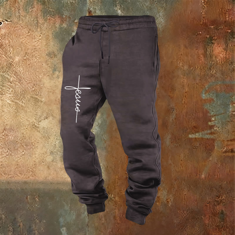 Pantalon de survêtement minimaliste avec croix et inscription « Christianartworkshop » : Chaque pas avec Jésus - Gris foncé - 2XL - image 0