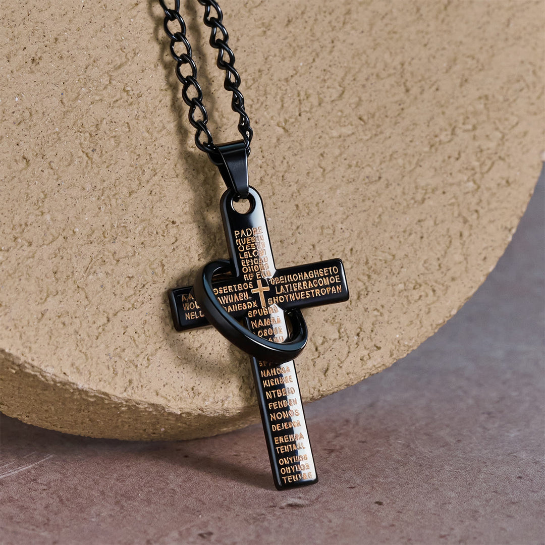 Christianartworkshop Collier pendentif croix à anneaux entrelacés avec le Notre Père : un style audacieux et une signification sacrée - Noir - image 6