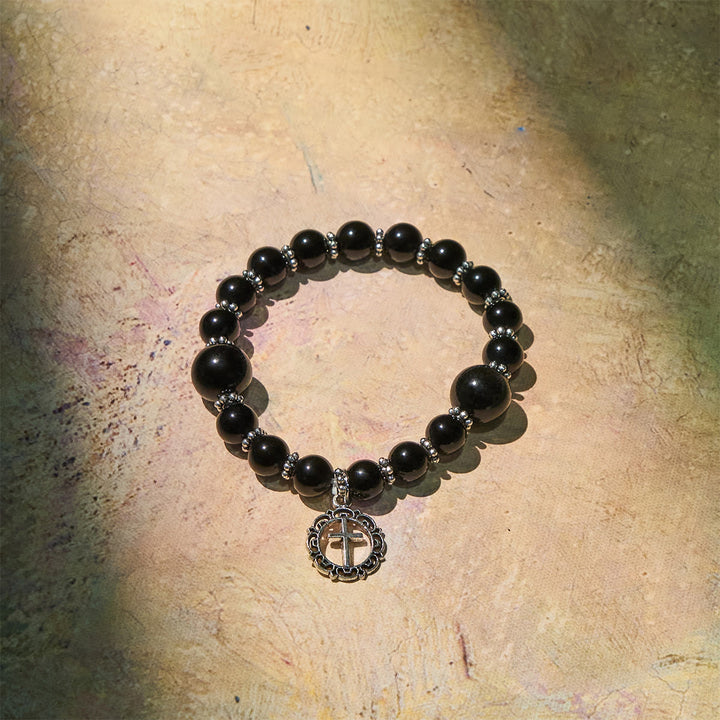 Christianartworkshop Bracelet en obsidienne noire avec pendentif croix, symbole d'armure spirituelle : Priez sans crainte - image 2