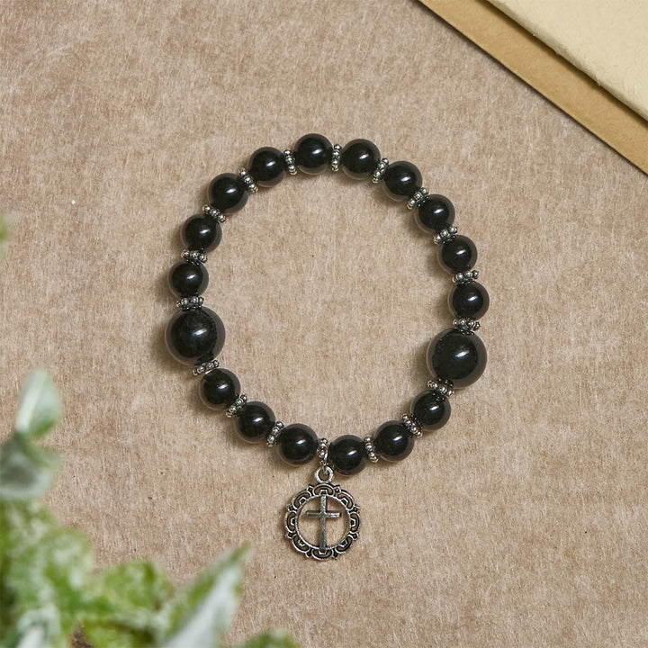 Christianartworkshop Bracelet en obsidienne noire avec pendentif croix, symbole d'armure spirituelle : Priez sans crainte - image 3