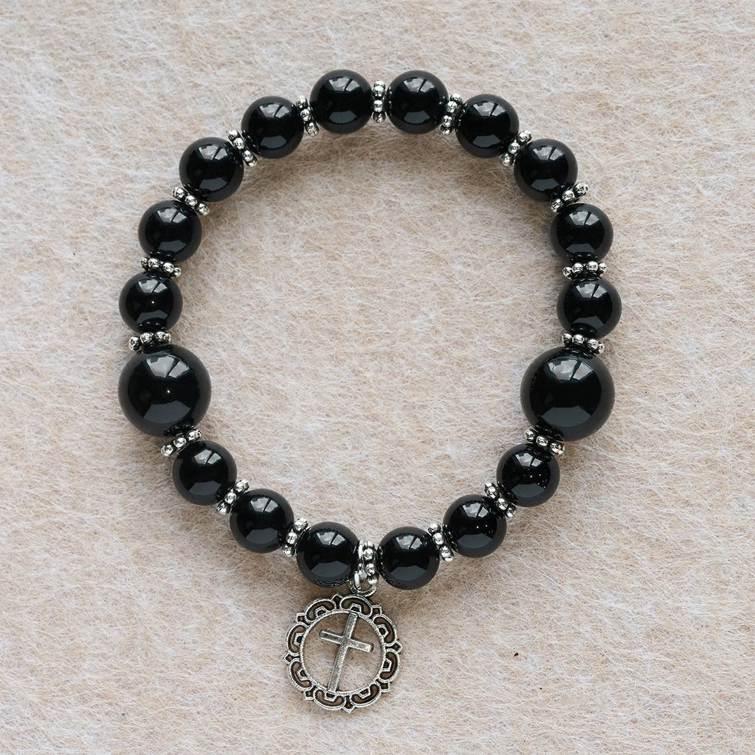 Christianartworkshop Bracelet en obsidienne noire avec pendentif croix, symbole d'armure spirituelle : Priez sans crainte - image 4