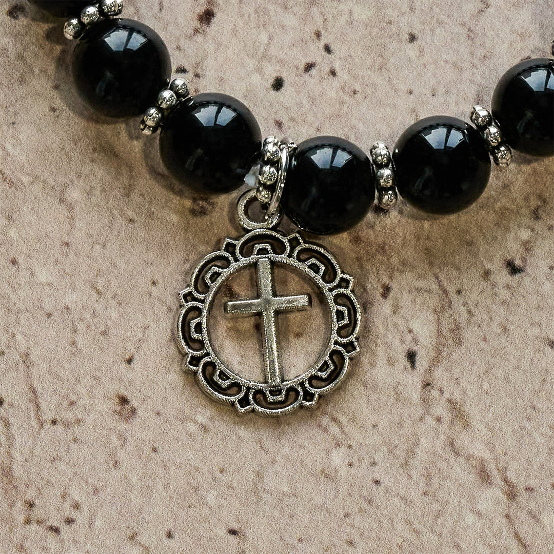 Christianartworkshop Bracelet en obsidienne noire avec pendentif croix, symbole d'armure spirituelle : Priez sans crainte - image 5