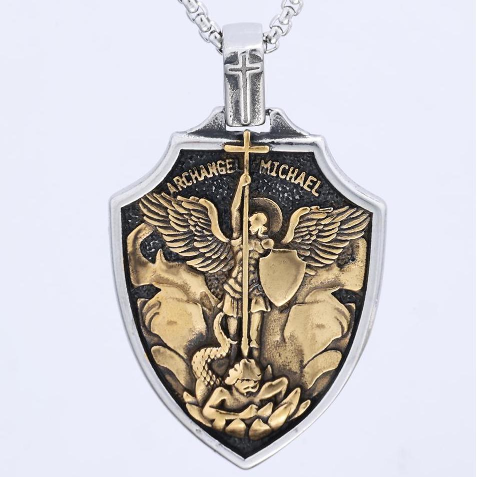 Christianartworkshop Collier pendentif bouclier de l'archange Michel : Foi et protection au quotidien - Argent et or - image 2