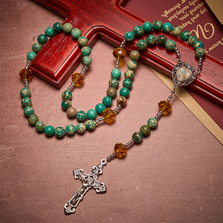 Christianartworkshop Chapelet du Cœur de Marie, aux teintes turquoise et ambre, pour une paix profonde - Notre-Dame et le Crucifix - image 0
