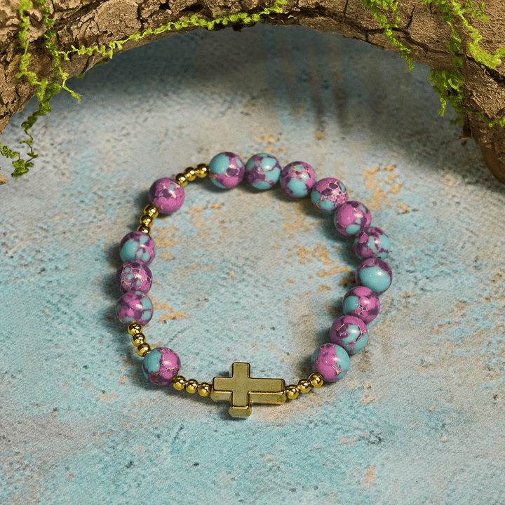 Christianartworkshop Bracelet marial en pierre impériale violette avec croix dorée : la dévotion avec style - Tour de poignet : 14-17 cm (5,51-6,69 pouces) - image 0