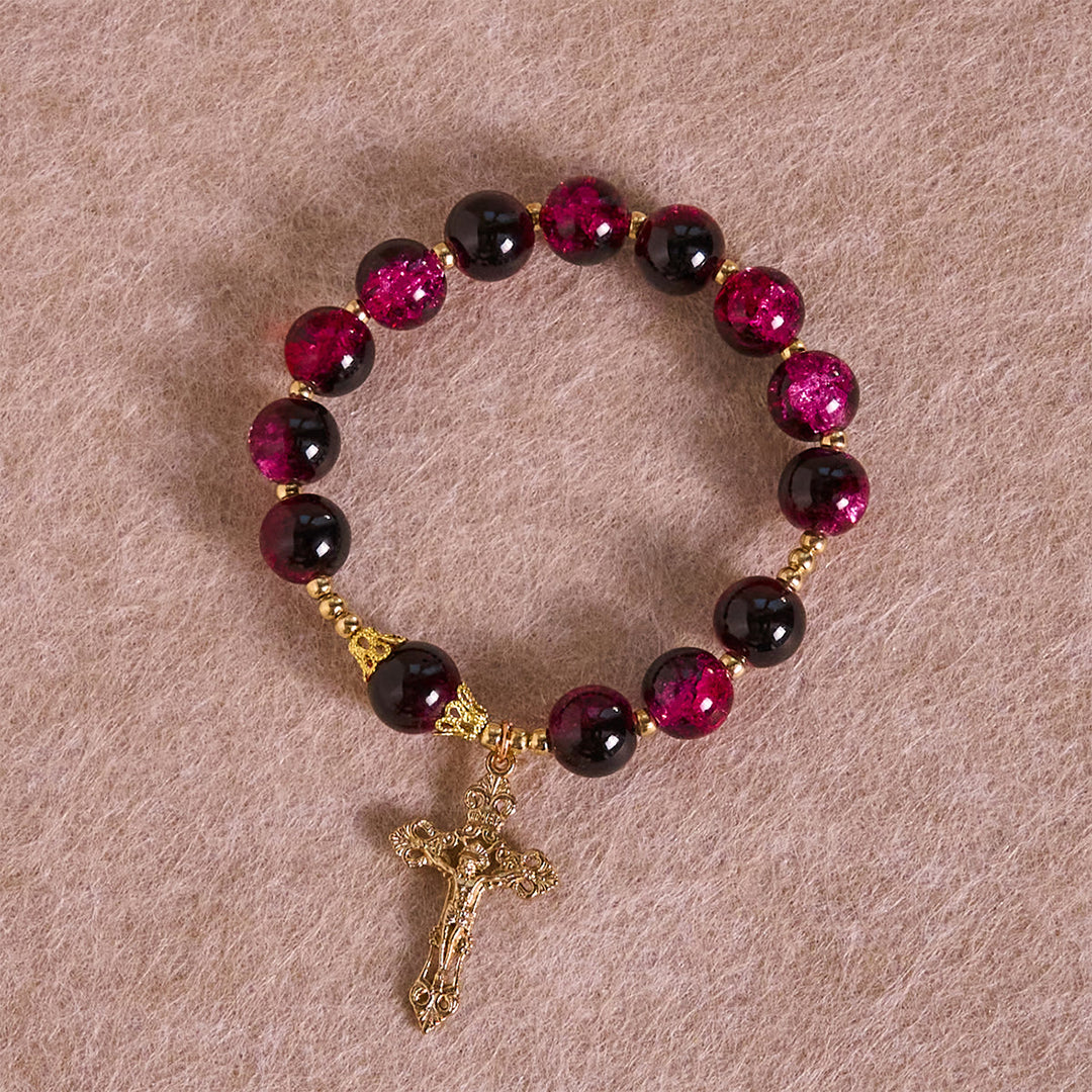 Christianartworkshop Bracelet en perles de verre rose et noir avec croix dorée, symbole de grâce et de force - image 4