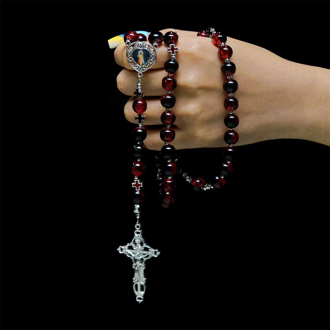Christianartworkshop Chapelet de la Miséricorde Divine en perles de verre noires et rouges symbolisant la Passion du Christ - image 1
