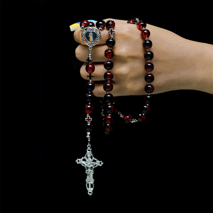 Christianartworkshop Chapelet de la Miséricorde Divine en perles de verre noires et rouges symbolisant la Passion du Christ - image 1
