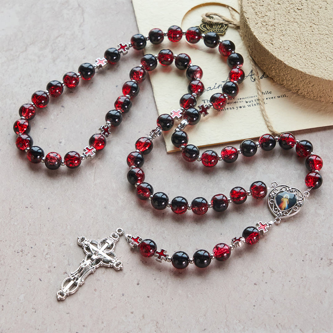 Christianartworkshop Chapelet de la Miséricorde Divine en perles de verre noires et rouges symbolisant la Passion du Christ - image 2
