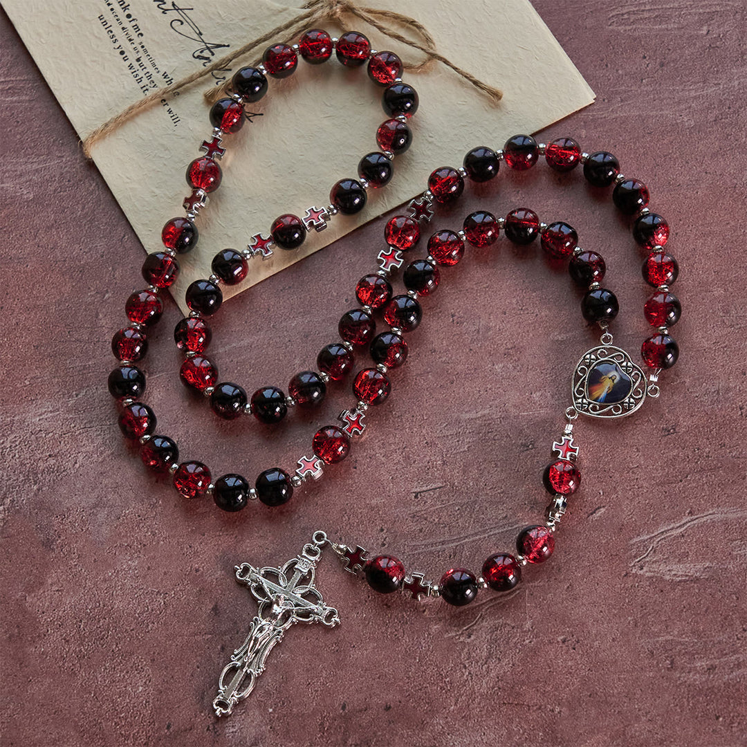 Christianartworkshop Chapelet de la Miséricorde Divine en perles de verre noires et rouges symbolisant la Passion du Christ - image 4