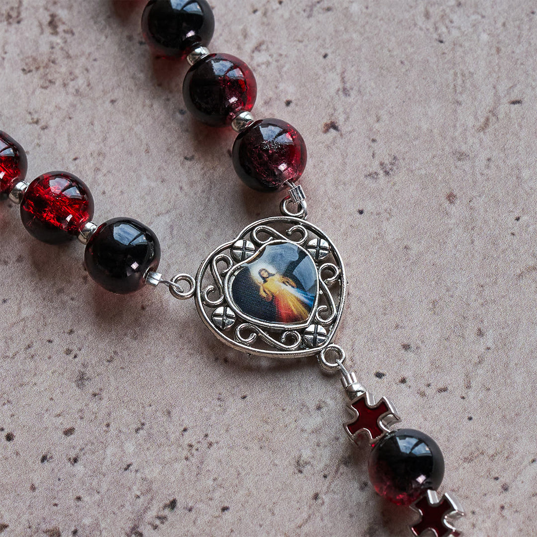 Christianartworkshop Chapelet de la Miséricorde Divine en perles de verre noires et rouges symbolisant la Passion du Christ - image 6