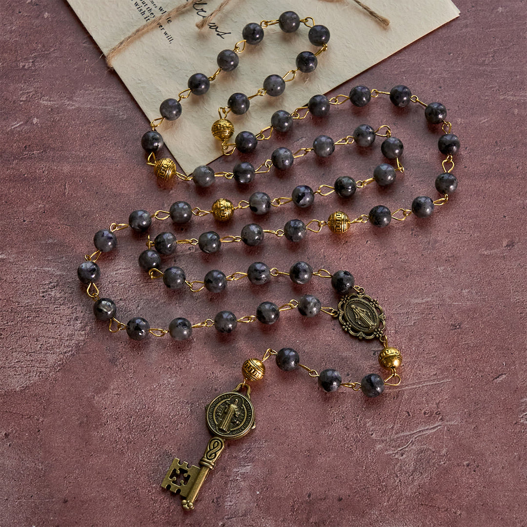 Christianartworkshop Chapelet avec médaille miraculeuse et clé de saint Benoît, pierre noire ronde de 8 mm, chaîne en alliage - image 3