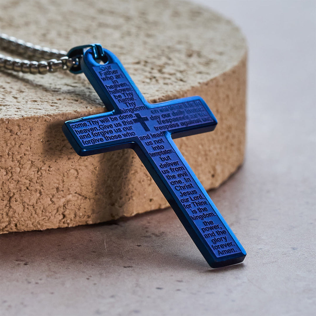 Christianartworkshop Collier pendentif croix en acier inoxydable avec la prière du Seigneur - Bleu - image 2