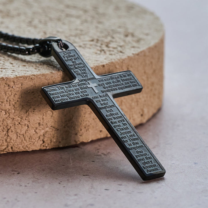 Christianartworkshop Collier pendentif croix en acier inoxydable avec la prière du Seigneur - Noir - image 3
