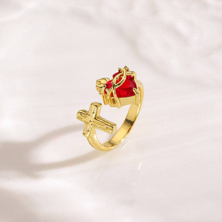 Bague Sacré-Cœur et Croix de Christianartworkshop : Dévotion fidèle et symbolisme élégant au quotidien - Ajustable (Convient aux tailles américaines 6 à 9) - image 0
