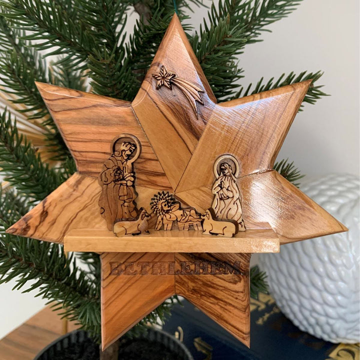 Christianartworkshop Crèche en forme d'étoile de Bethléem : Décoration en bois inspirée du récit sacré des fêtes - Nativité - image 0