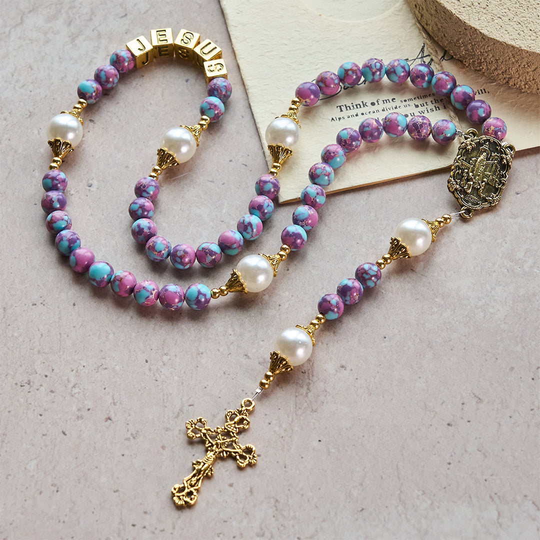 Christianartworkshop Chapelet personnalisé Royal Faith en pierre de l'empereur violet avec lettre JÉSUS personnalisée - image 6