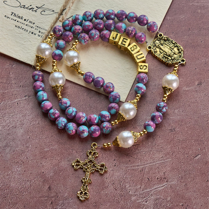 Christianartworkshop Chapelet personnalisé Royal Faith en pierre de l'empereur violet avec lettre JÉSUS personnalisée - image 2