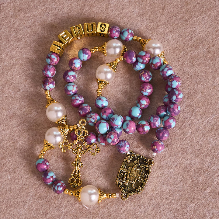 Christianartworkshop Chapelet personnalisé Royal Faith en pierre de l'empereur violet avec lettre JÉSUS personnalisée - image 7