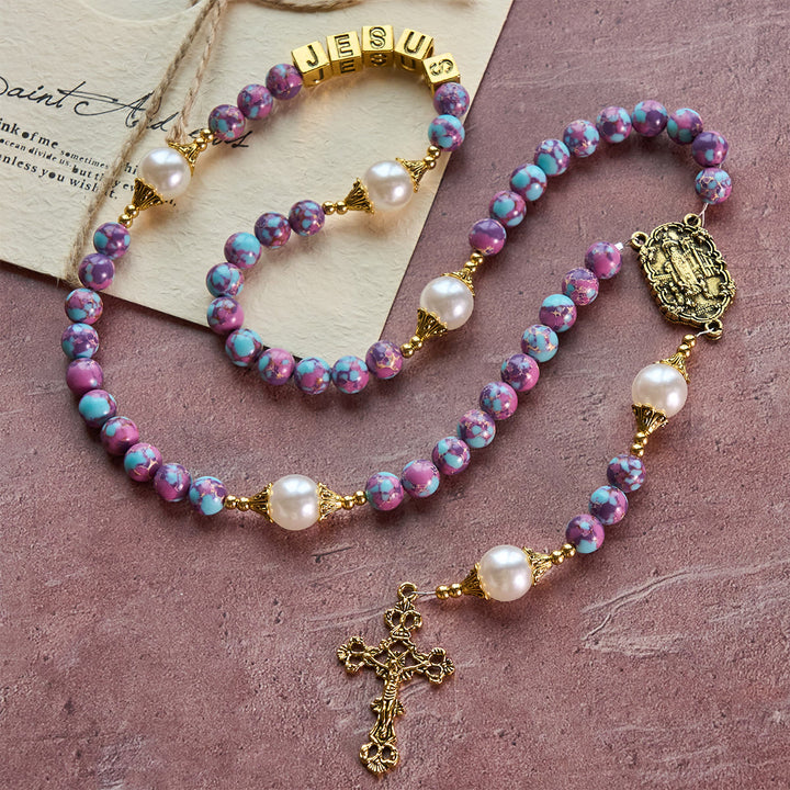 Christianartworkshop Chapelet personnalisé Royal Faith en pierre de l'empereur violet avec lettre JÉSUS personnalisée - image 5