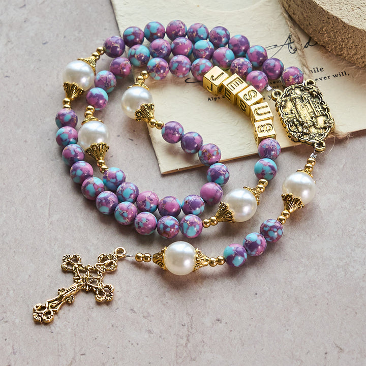 Christianartworkshop Chapelet personnalisé Royal Faith en pierre de l'empereur violet avec lettre JÉSUS personnalisée - JÉSUS (Sans coutume) - image 0