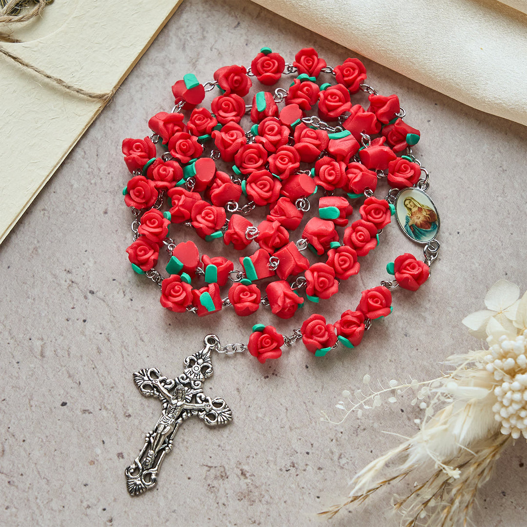 Christianartworkshop Chapelet de roses en argile douce : Dévotion florale et lien spirituel artisanal - Rouge - image 0