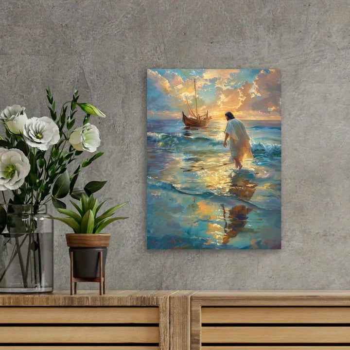 Christianartworkshop Décoration murale sur le thème du cheminement spirituel : Jésus marchant sur l’eau et résonance de la foi - Tableau sur toile encadré - 11,81 po × 15,75 po × 0,71 po / 30 × 40 × 1,8 cm - image 0