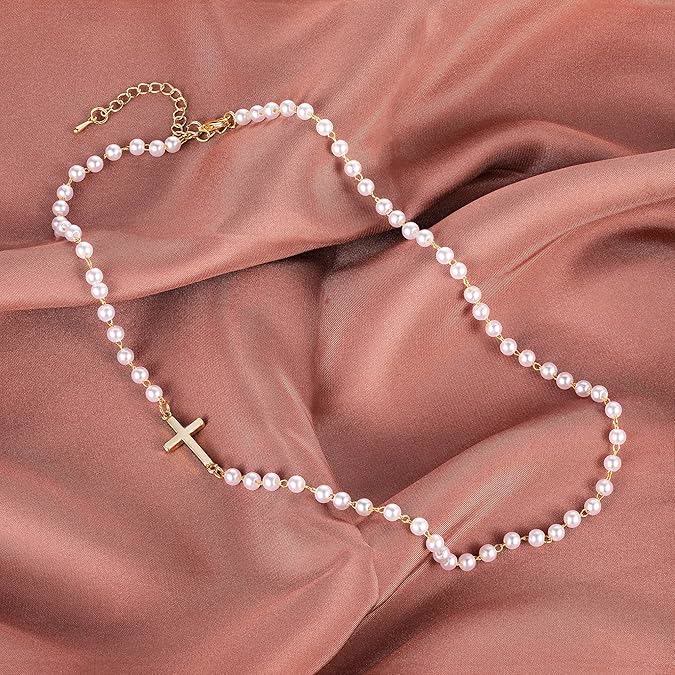 Christianartworkshop Collier de perles blanches avec croix : Dévotion élégante et grâce fidèle - Doré - image 0
