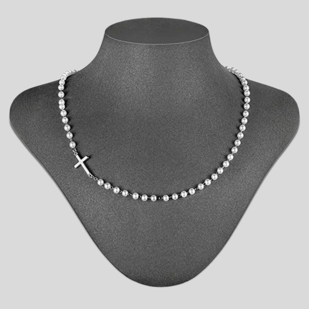Christianartworkshop Collier de perles blanches avec croix : Dévotion élégante et grâce fidèle - Argent - image 3