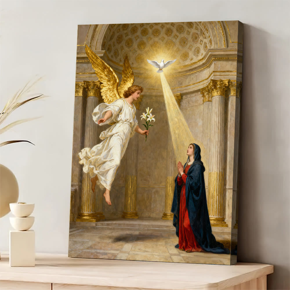 Christianartworkshop Toile artistique de l'Annonciation : Grâce divine et révérence spirituelle - Tableau sur toile encadré - 11,81 po × 15,75 po × 0,71 po / 30 × 40 × 1,8 cm - image 0