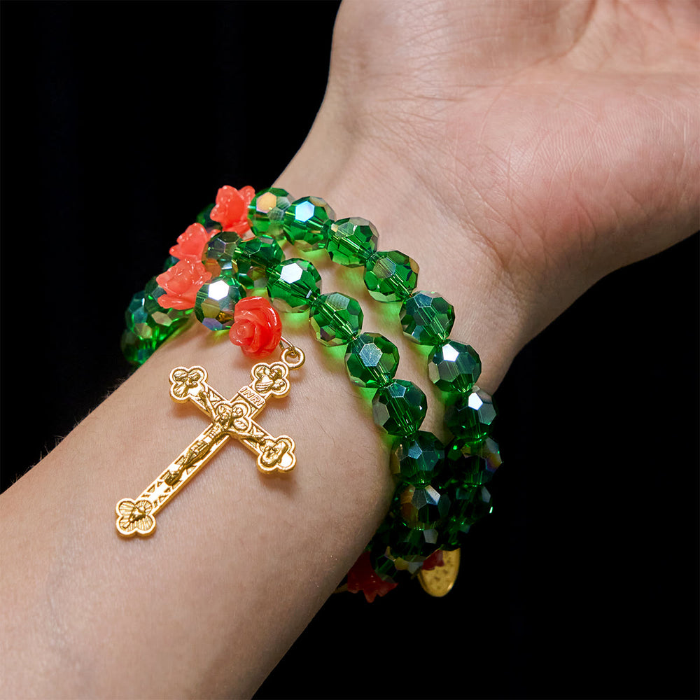 Christianartworkshop Bracelet chapelet en cristal vert et rose : Dévotion et grâce florale - image 1