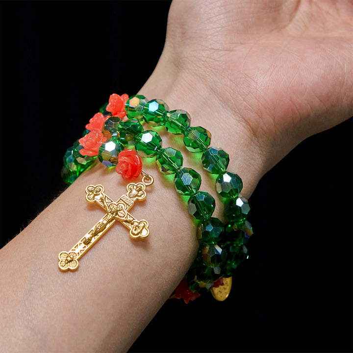 Christianartworkshop Bracelet chapelet en cristal vert et rose : Dévotion et grâce florale - image 1