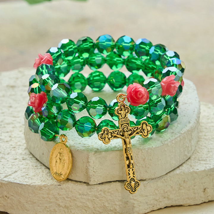 Christianartworkshop Bracelet chapelet en cristal vert et rose : Dévotion et grâce florale - Tour de poignet : 18-24 cm (7,09-9,45 pouces) - image 0