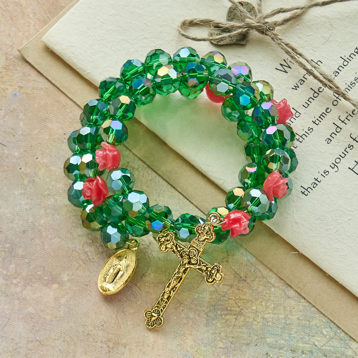 Christianartworkshop Bracelet chapelet en cristal vert et rose : Dévotion et grâce florale - image 3