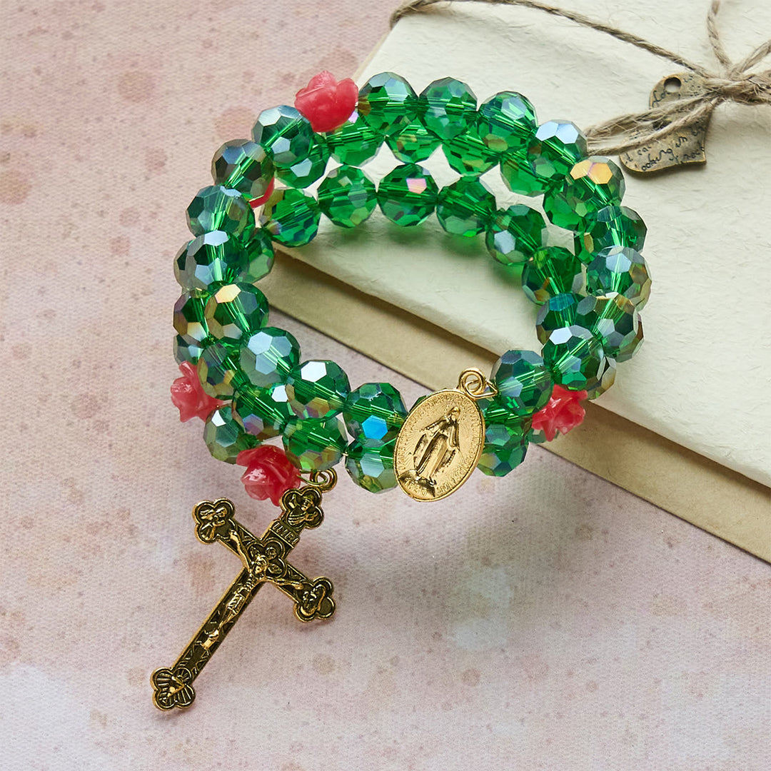 Christianartworkshop Bracelet chapelet en cristal vert et rose : Dévotion et grâce florale - image 4