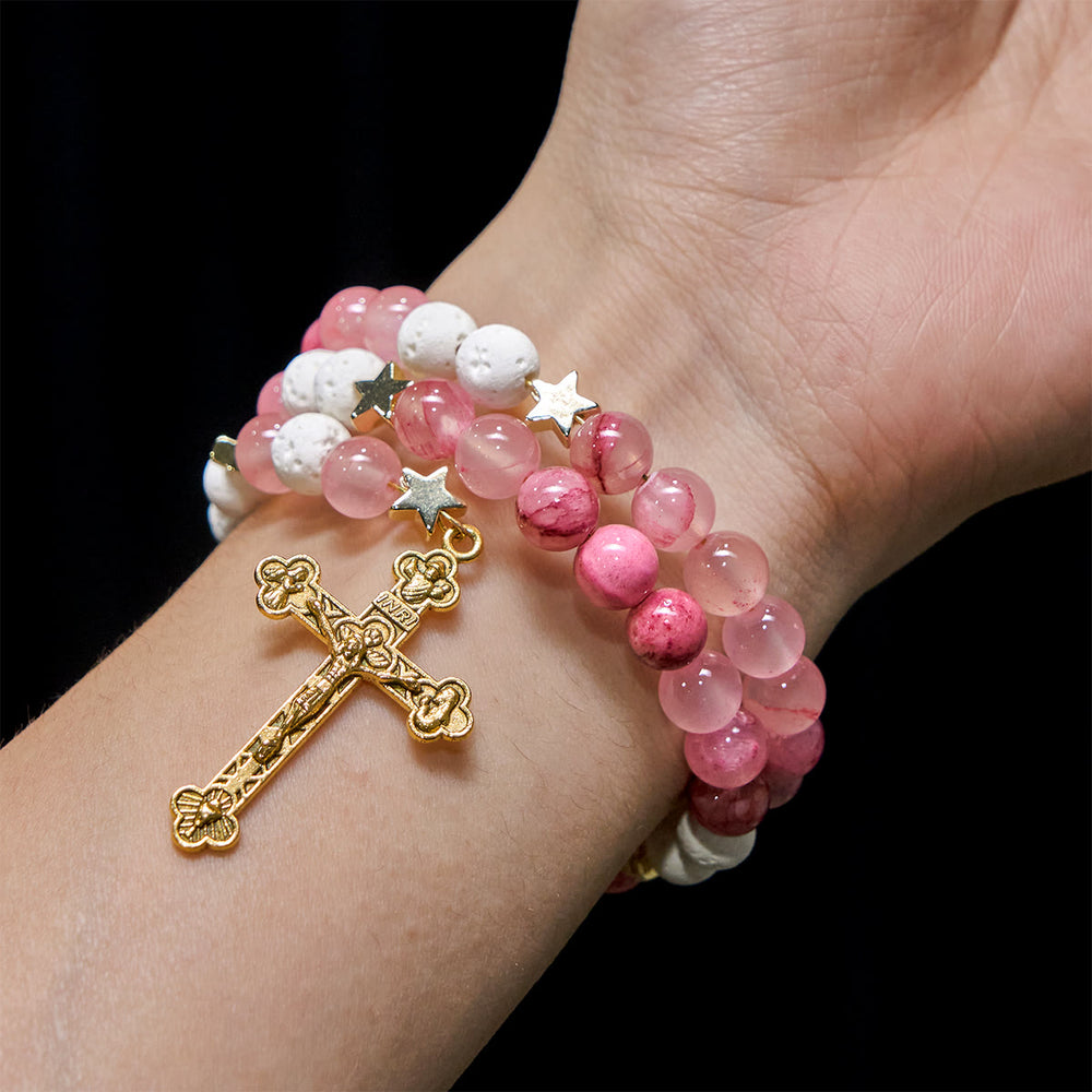 Christianartworkshop Bracelet chapelet en gypse et agate rose rouge : Dévotion et douceur céleste - image 1